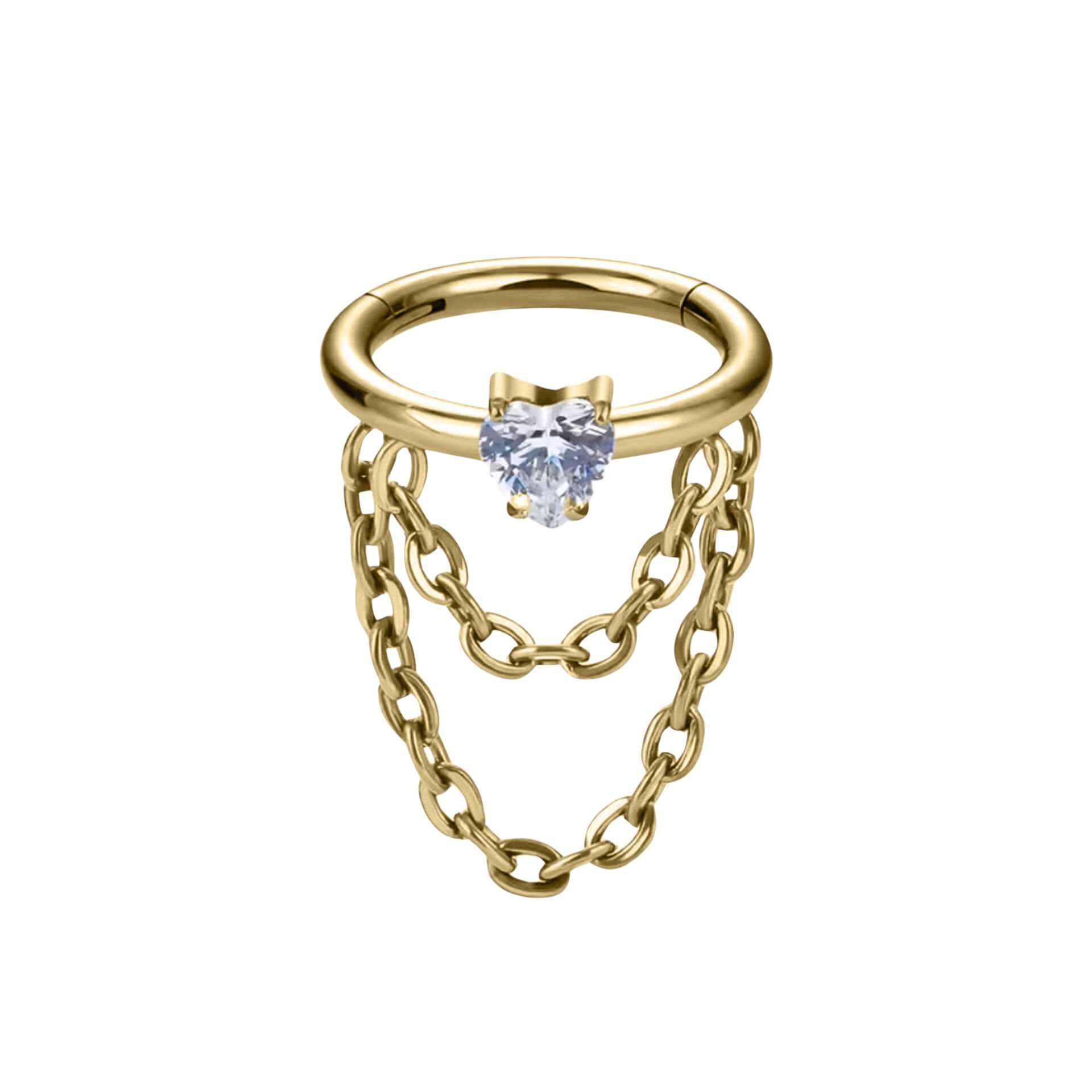 Kalp Zirkon Çift Zincir Kilitli Gold Çelik 8 mm Halka Piercing, Helix-Kıkırdak-Auricle