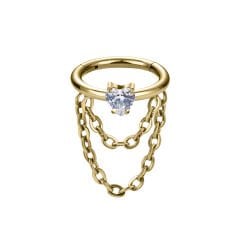 Kalp Zirkon Çift Zincir Kilitli Gold Çelik 8 mm Halka Piercing, Helix-Kıkırdak-Auricle