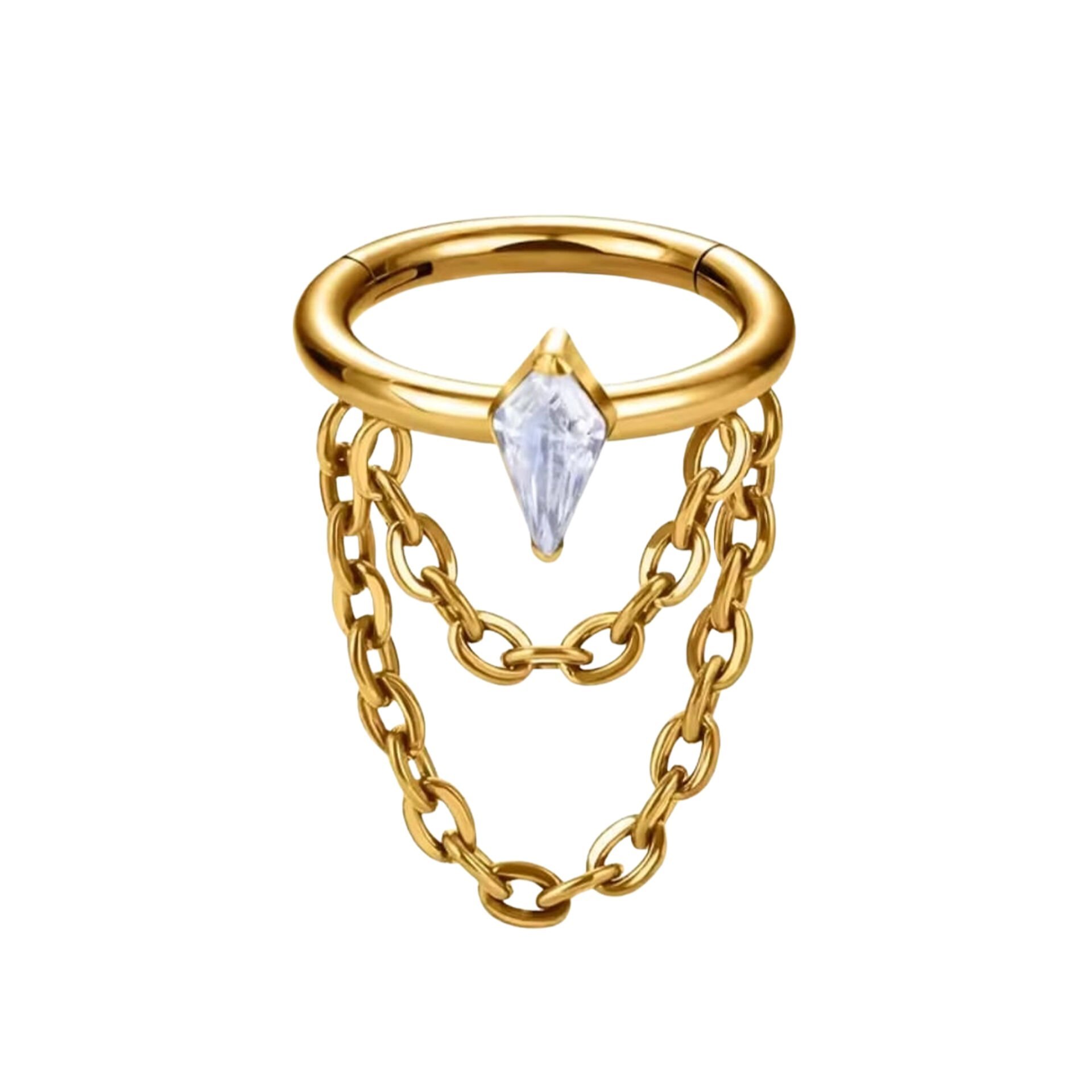 Drakula Zirkon Çift Zincir Kilitli Gold Çelik 8 mm Halka Piercing, Helix-Kıkırdak-Auricle