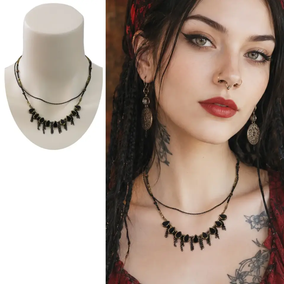 Siyah damla detaylı, zincir saçaklı ve eskitme metal görünümlü etnik kolye modeli