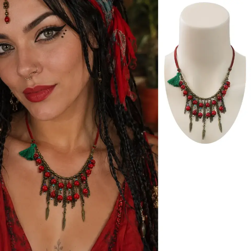 Kırmızı boncuklu, yeşil püsküllü ve zincir sallantılı etnik kolye modeli