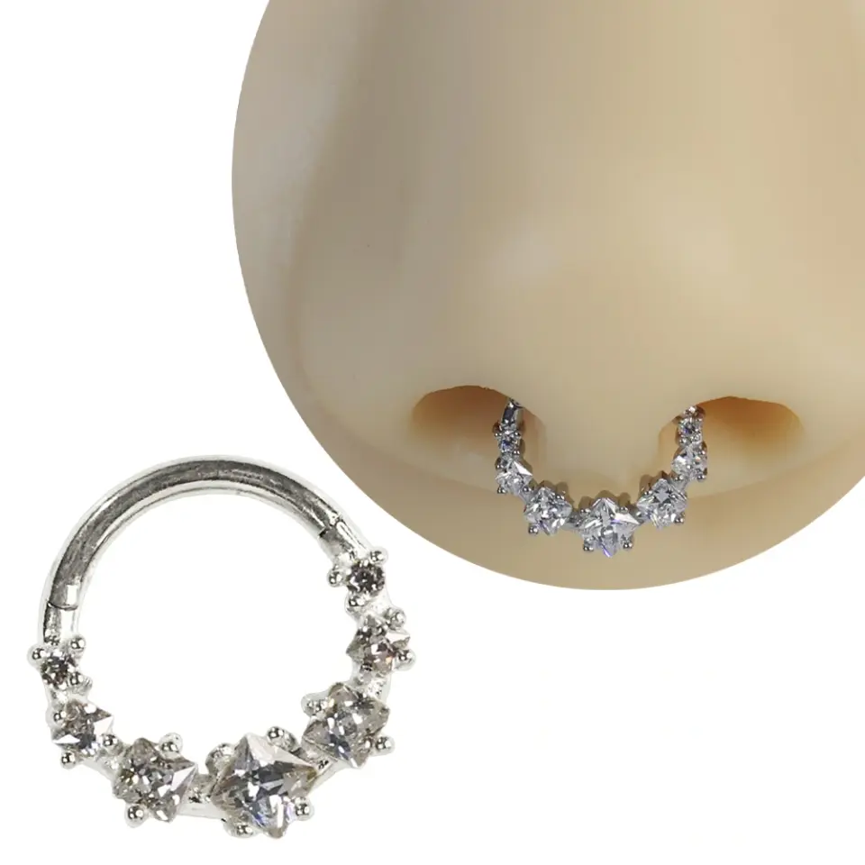 Gümüş renkli menteşeli clicker Cube Crystal tasarımı 316L cerrahi çelik halka septum kıkırdak piercing