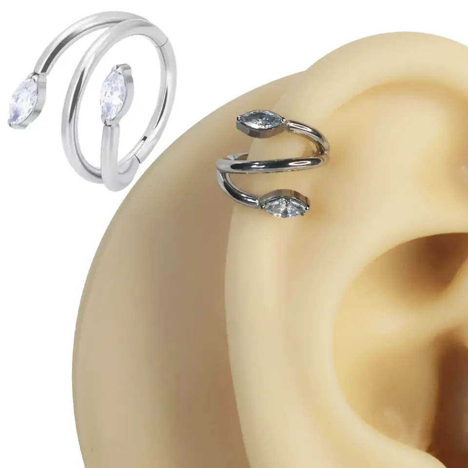 Gümüş renkli menteşeli clicker Duo Marquise tasarımı 316L cerrahi çelik halka septum kıkırdak piercing