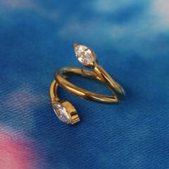 Çift Badem Zirkon Kilitli Gold Çelik 8 mm Halka Piercing, Rook-Helix-Kıkırdak-Lobe-Auricle