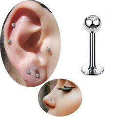 Taşlı Çelik Flatback Düz Bar Piercing, Tragus-Helix-Conch-Burun-Dudak-Kıkırdak
