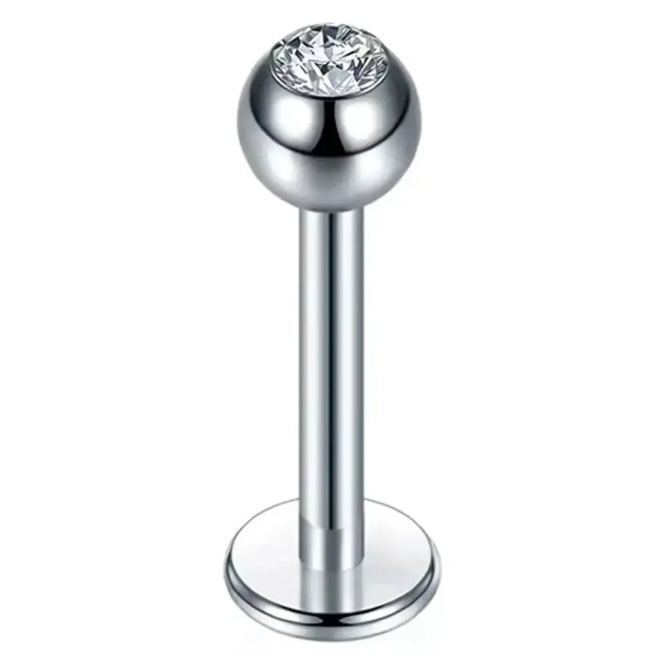 Tek taşlı gümüş renk 316L cerrahi çelik dudak, tragus, kıkırdak piercing