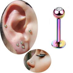 Taşlı Gökkuşağı Çelik Flatback Düz Bar Piercing, Tragus-Helix-Conch-Burun-Dudak-Kıkırdak