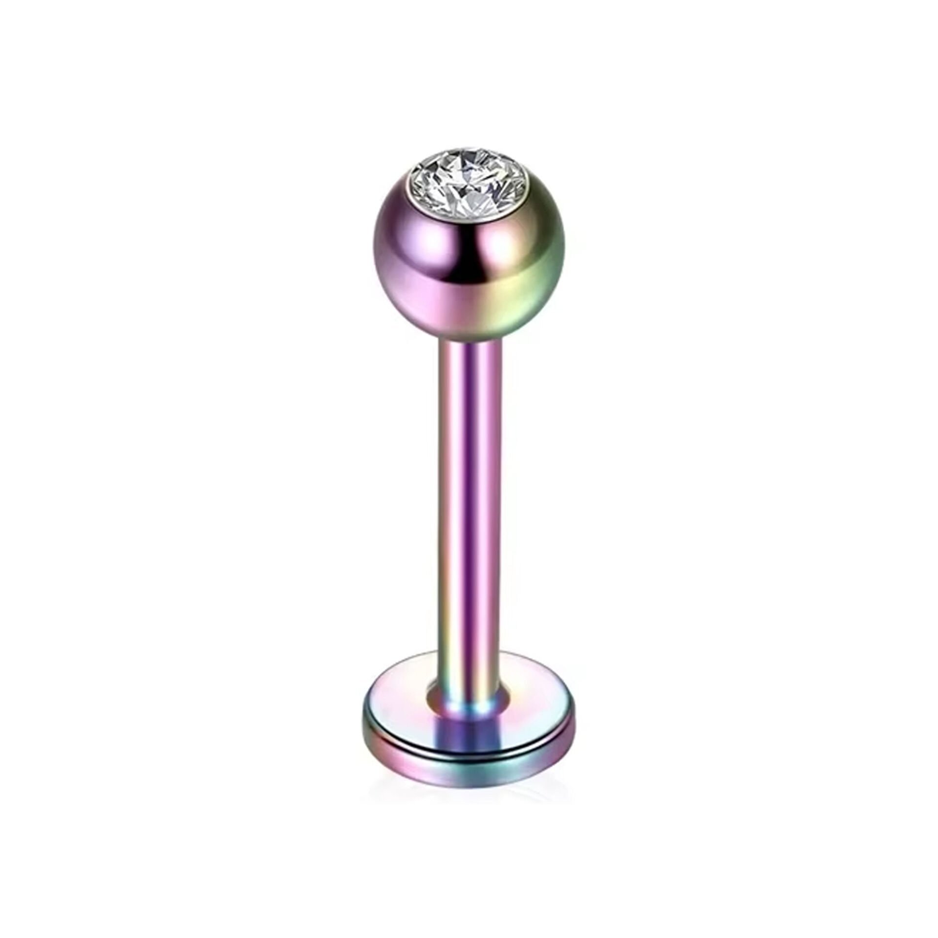 Taşlı Gökkuşağı Çelik Flatback Düz Bar Piercing, Tragus-Helix-Conch-Burun-Dudak-Kıkırdak