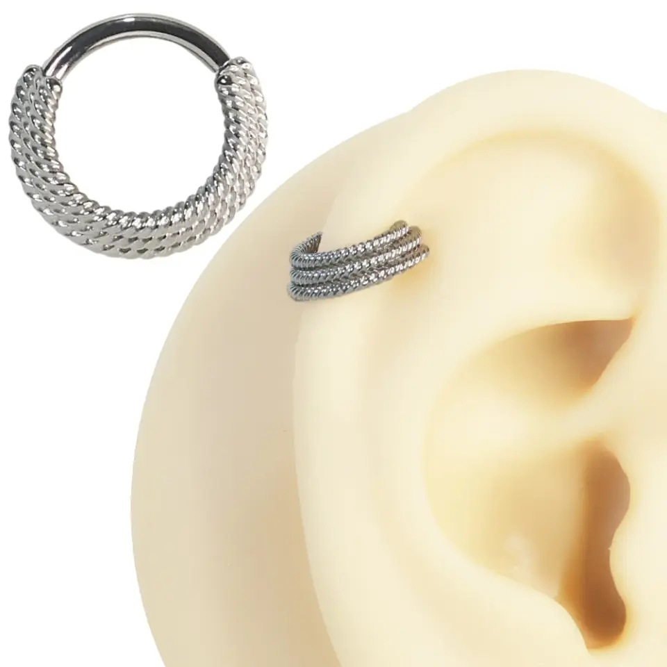 Gümüş renkli menteşeli clicker Triple Twist tasarımı 316L cerrahi çelik halka septum kıkırdak piercing