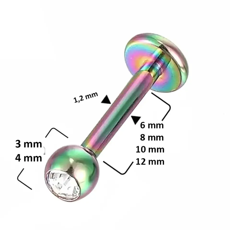 Gökkuşağı renkli taşlı dudak, tragus, kıkırdak piercingin ölçüleri