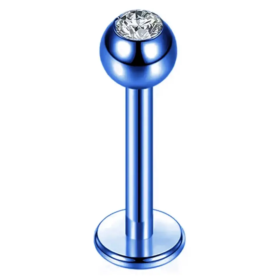 Mavi renkli taşlı 316L cerrahi çelik dudak, tragus, kıkırdak piercing