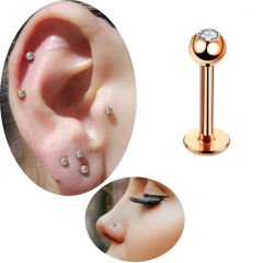 Taşlı Rose Çelik Flatback Düz Bar Piercing, Tragus-Helix-Conch-Burun-Dudak-Kıkırdak