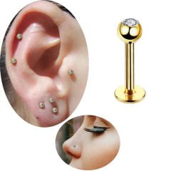 Taşlı Gold Çelik Flatback Düz Bar Piercing, Tragus-Helix-Conch-Burun-Dudak-Kıkırdak
