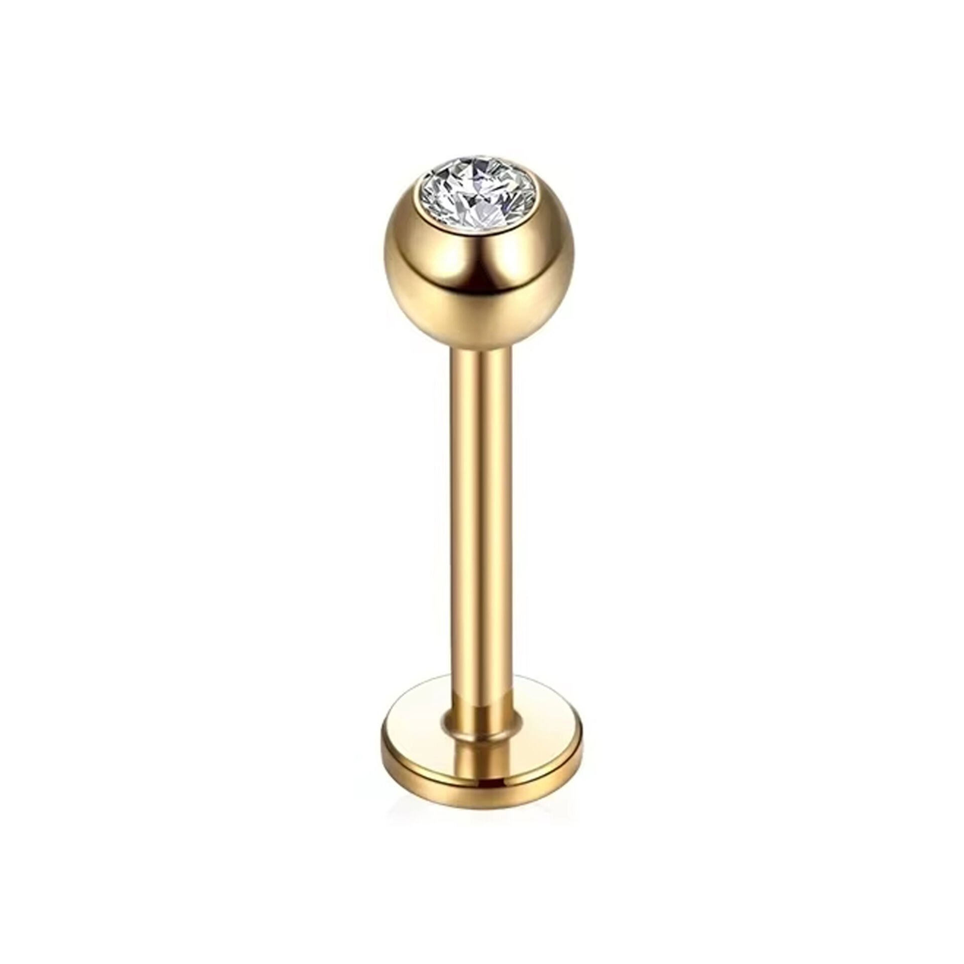 Taşlı Gold Çelik Flatback Düz Bar Piercing, Tragus-Helix-Conch-Burun-Dudak-Kıkırdak