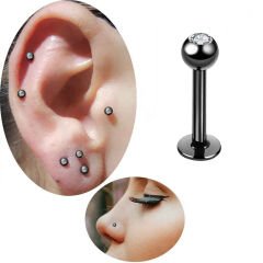 Taşlı Siyah Çelik Flatback Düz Bar Piercing, Tragus-Helix-Conch-Burun-Dudak-Kıkırdak