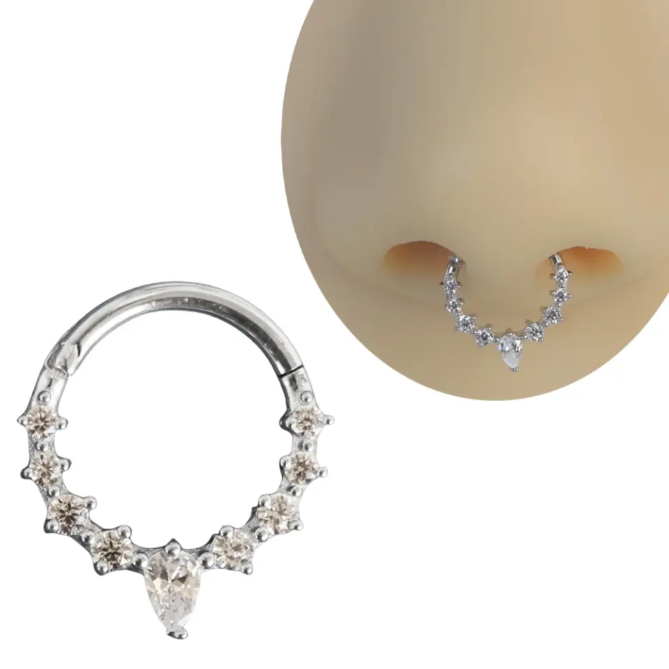 Gümüş renkli menteşeli clicker Dewdrop tasarımı 316L cerrahi çelik halka septum kıkırdak piercing