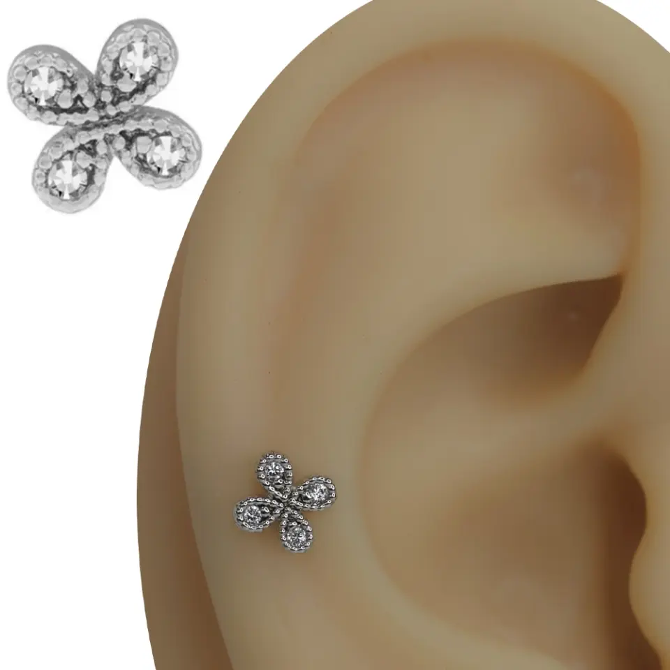 Şafak parıltısı serisi tragus helix kıkırdak piercing ürün detayları ve düz arka yapısı.