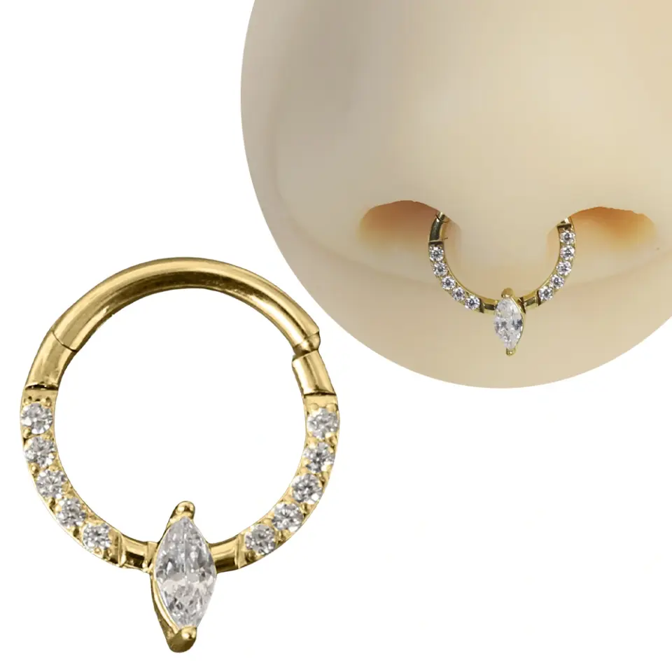 Septum ve daith bölgesinde sergilenen altın kararmayan marquise halka septum kıkırdak piercing