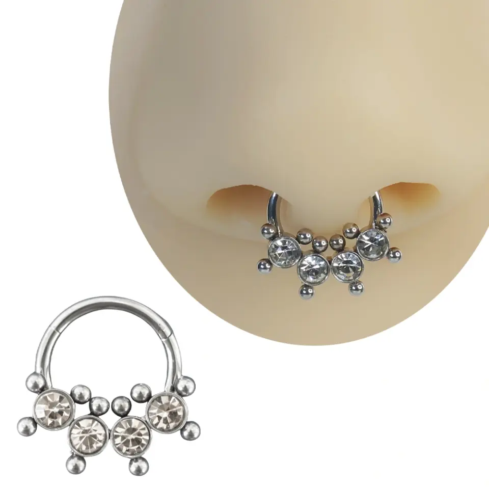 Gümüş renkli menteşeli clicker Dotty Diamond tasarımı 316L cerrahi çelik halka septum kıkırdak piercing