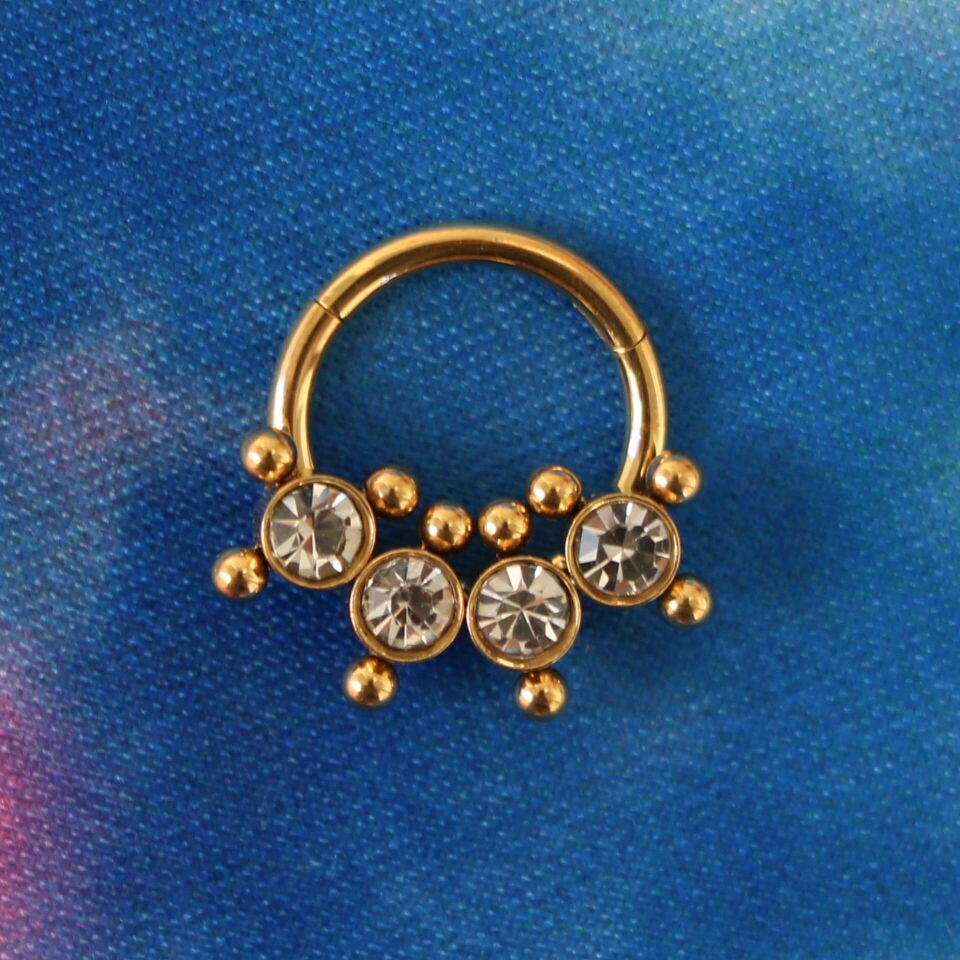 Zirkon Detaylı Geometrik Tasarım Kilitli Gold Çelik 8 mm Halka Piercing, Daith-Helix-Kıkırdak-Septum-Auricle