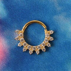 Taşlı Güneş Işığı Tasarımlı Kilitli Gold Çelik 8 mm Halka Piercing, Daith-Helix-Kıkırdak-Septum-Auricle