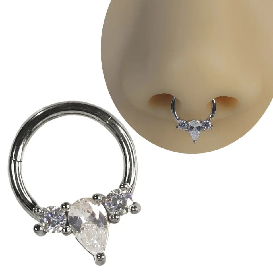 Gümüş renkli menteşeli clicker Tiara Drop tasarımı 316L cerrahi çelik halka septum kıkırdak piercing