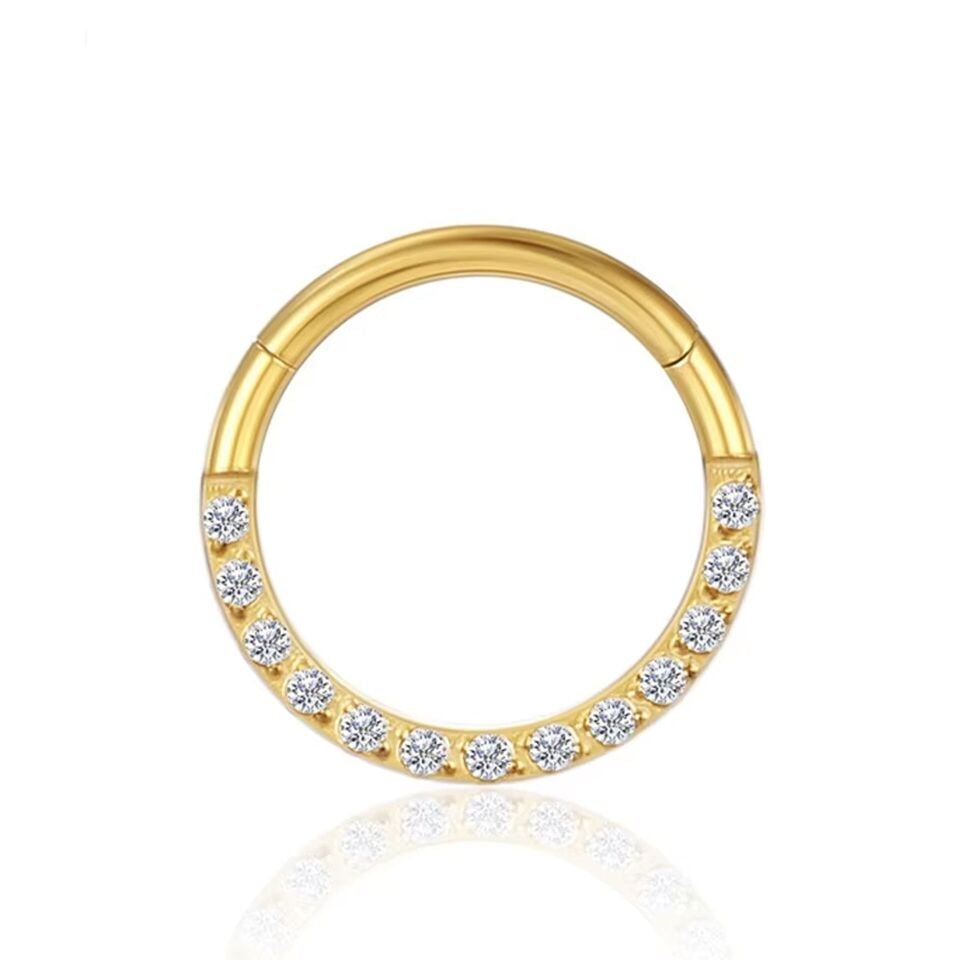 Sıralı Zirkon Taşlı Kilitli Gold Çelik 8 mm Halka Piercing, Daith-Helix-Kıkırdak-Septum-Auricle