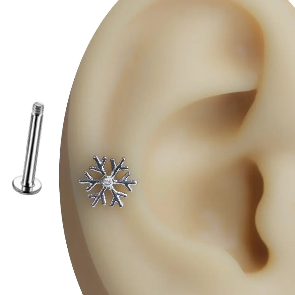 Buz Yıldızı gümüş rengi flatback arkalıklı tragus helix kıkırdak piercing teknik detayları