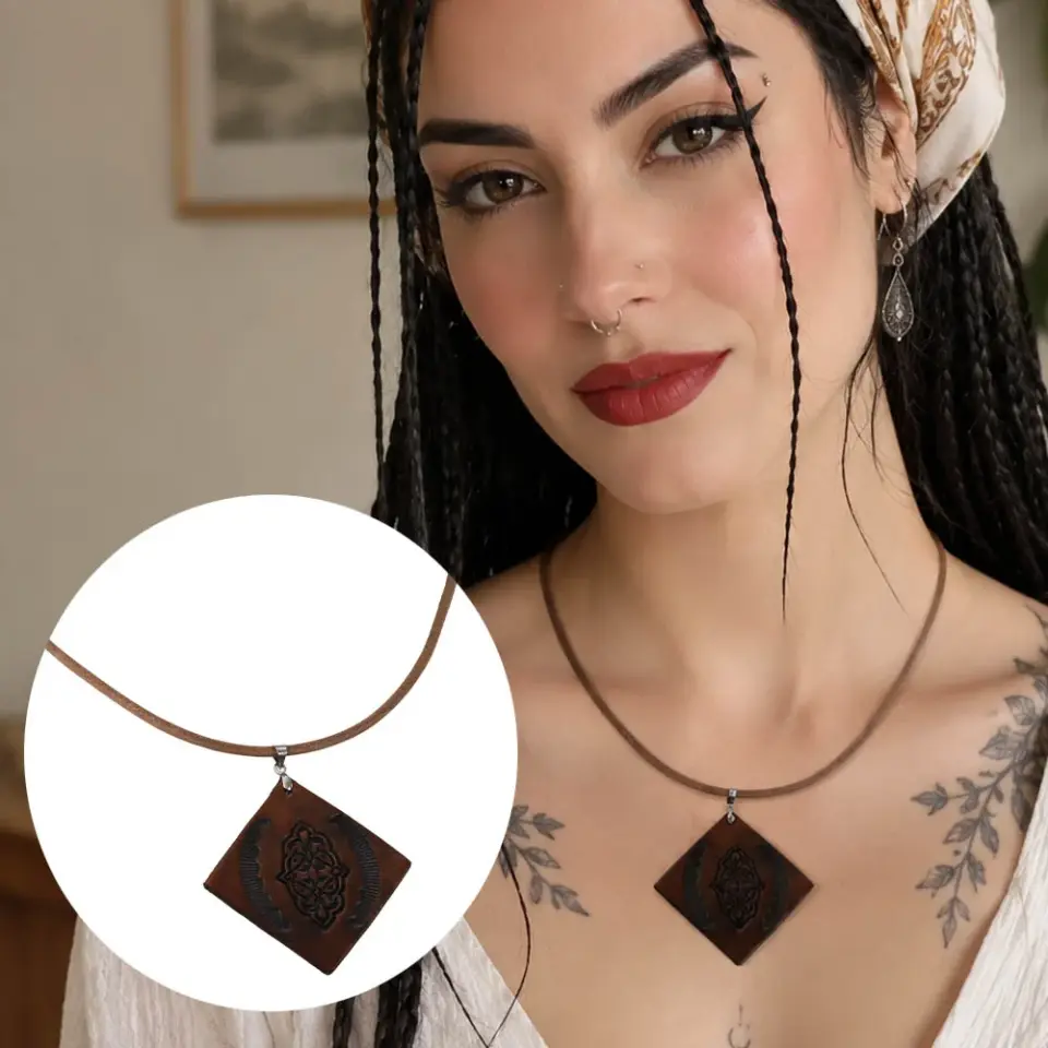 Hakiki deri obje detaylı Kelt düğümü motifli kahverengi bohem unisex kolye modeli