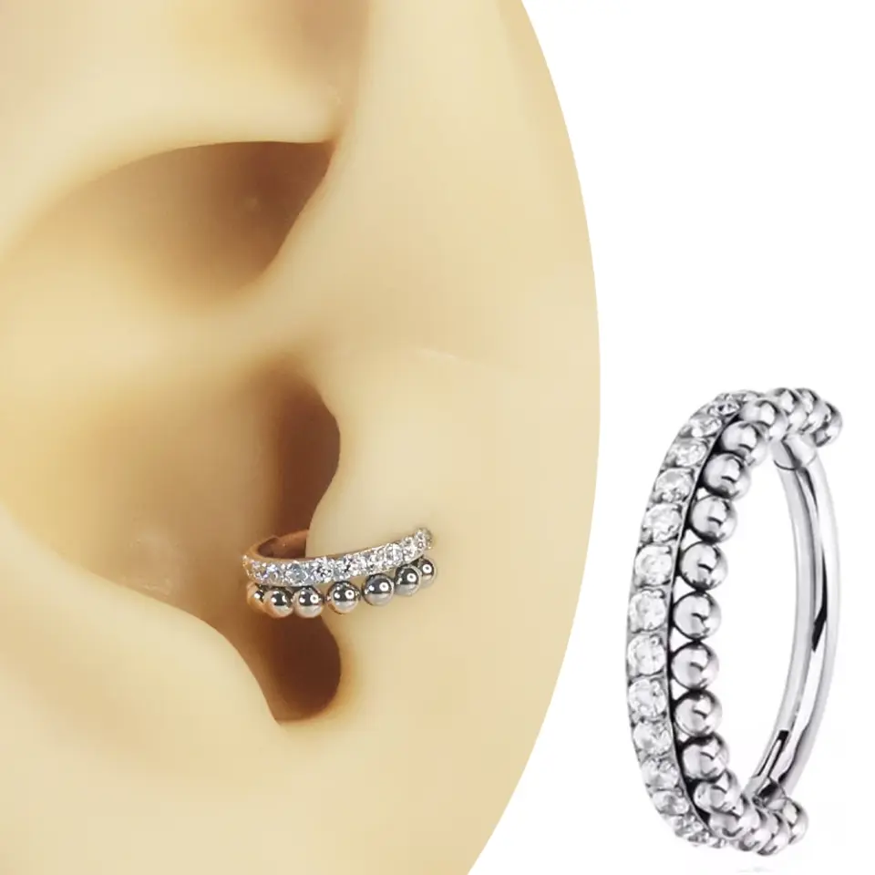 Gümüş renkli menteşeli clicker Diamond Bead tasarımı 316L cerrahi çelik halka septum kıkırdak piercing