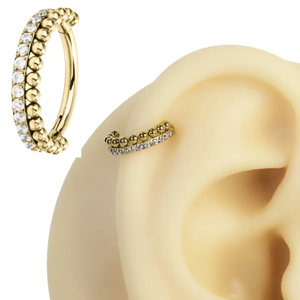 Sarı renkli menteşeli clicker Golden Beads tasarımı 316L cerrahi çelik halka septum kıkırdak piercing