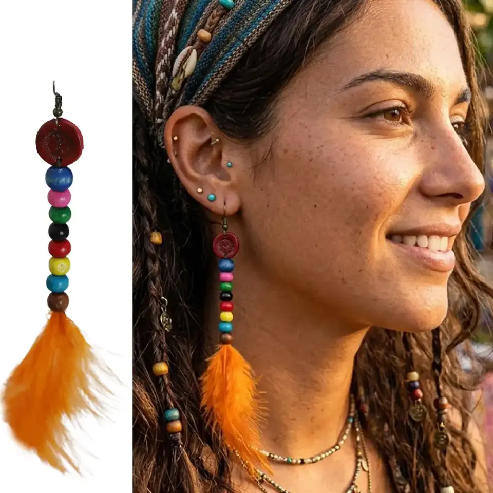 Farklı renk seçenekleri bir arada sunulan bohem tarz el yapımı deri küpe çeşitleri