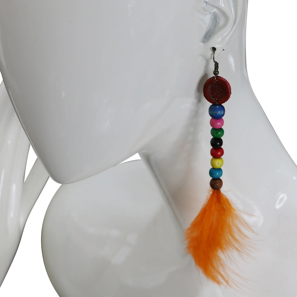 Kulakta sergilenen turuncu tüy detaylı ve renkli boncuklu el yapımı deri küpe