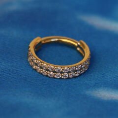 Çift Su Taşı  Zirkon Kilitli Gold Çelik 8 mm Halka Piercing, Tragus-Nostril-Helix-Septum-Daith-Auricle