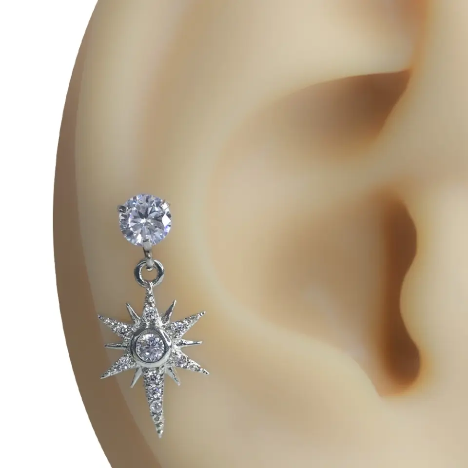 Gece Rehberi Gümüş Renk Zirkon Taşlı Tragus Helix Kıkırdak Piercing