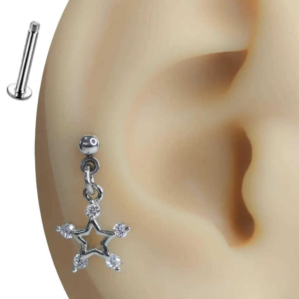 Koruyucu Işık Yıldız Gümüş Renk Zirkon Taşlı Tragus Helix Kıkırdak Piercing