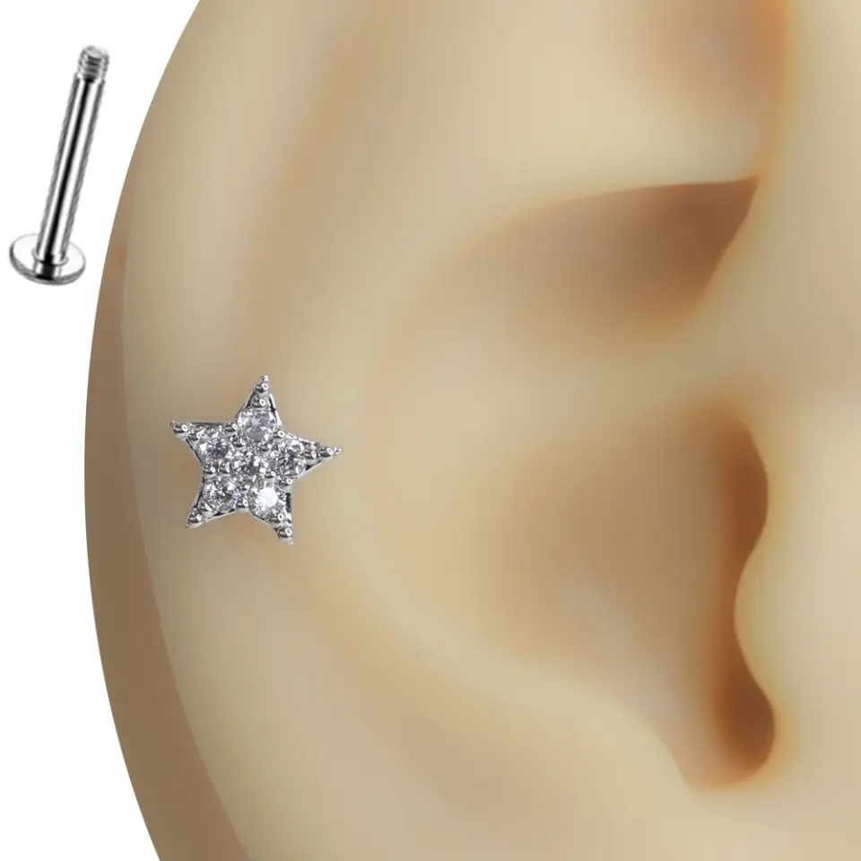 Yıldız Tozu Gümüş Renk Zirkon Taşlı Tragus Helix Kıkırdak Piercing