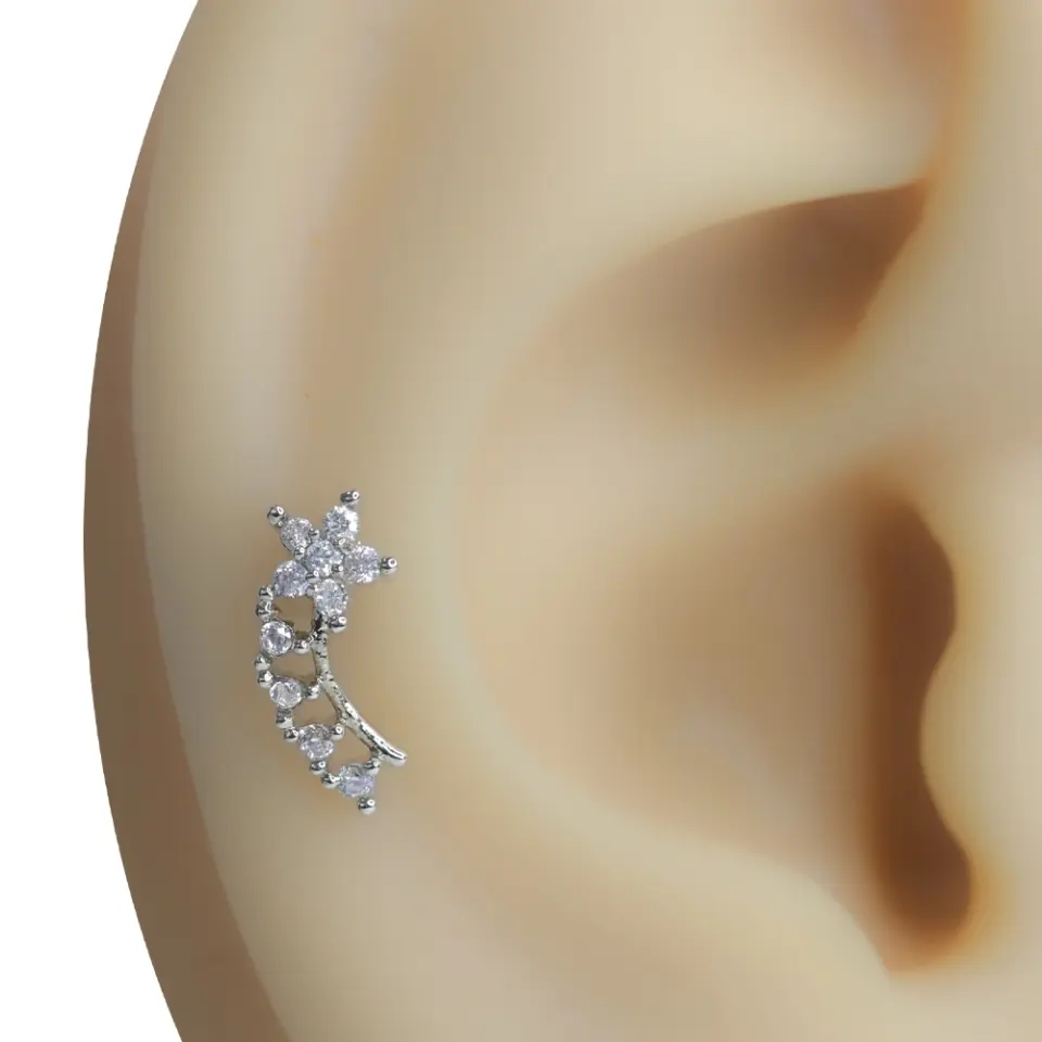 Salkım Yıldız Gümüş Renk Zirkon Taşlı Tragus Helix Kıkırdak Piercing