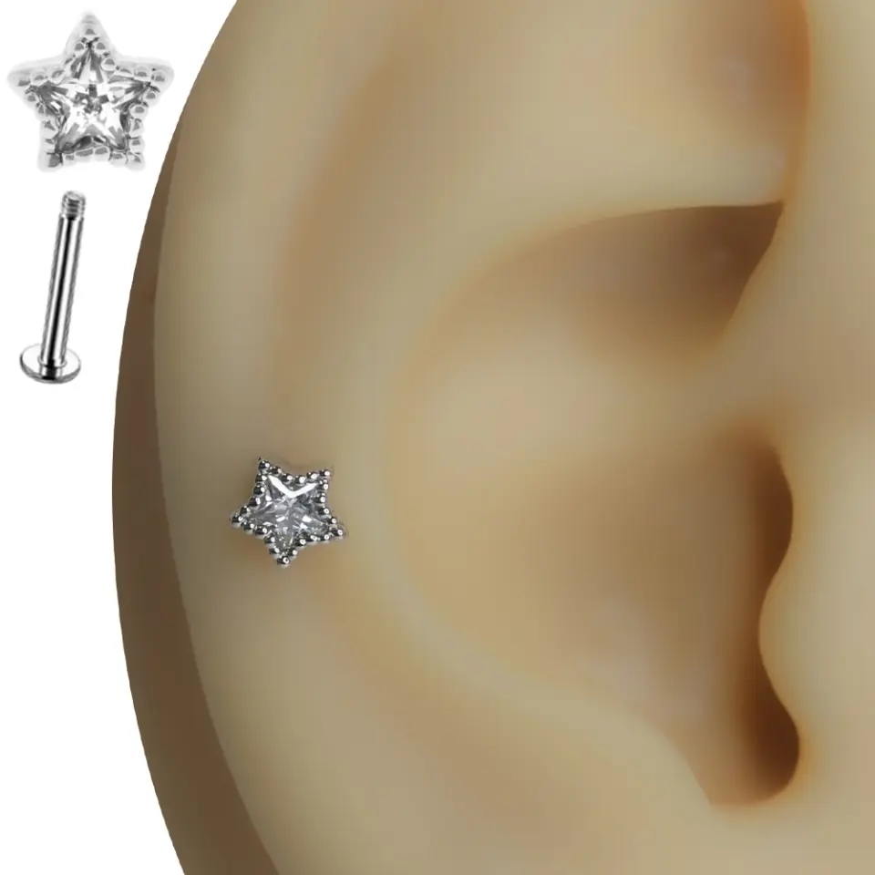 Arkası düz flatback kilit sistemli zirkon taşlı minik yıldız piercing çeşitleri
