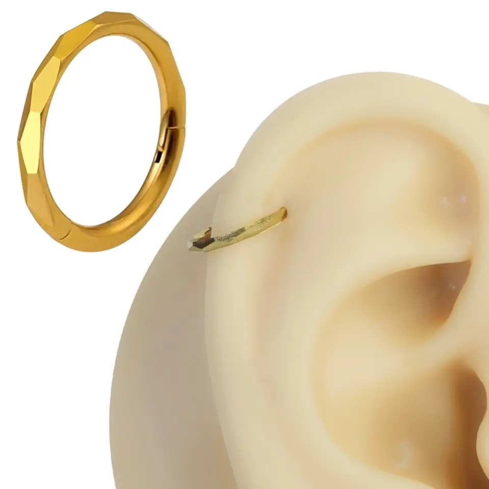 Gold renkli menteşeli clicker Facet Kesim figürlü 316L cerrahi çelik halka septum kıkırdak piercing