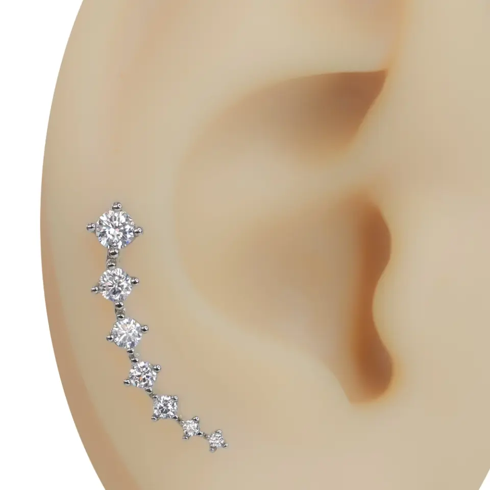Kulak kavisini saran sıralı zirkon taşlı gümüş renk buz çağlayanı tragus helix kıkırdak piercing