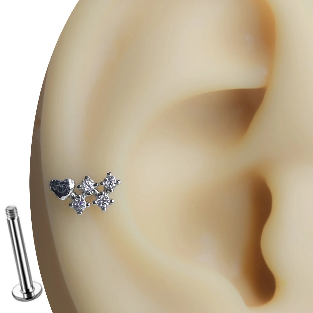 Aşkın Takımyıldızı gümüş rengi tragus helix kıkırdak piercing modelinin kulaktaki şık duruşu