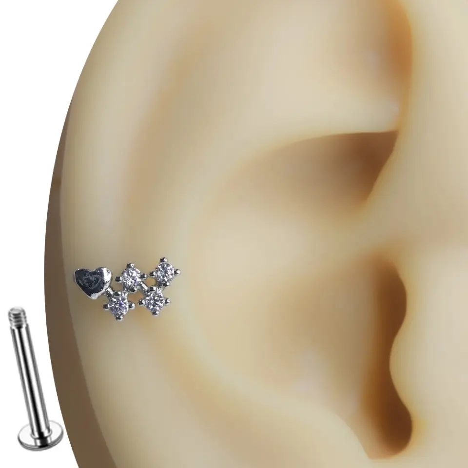 Aşkın Takımyıldızı gümüş rengi tragus helix kıkırdak piercing modelinin kulaktaki şık duruşu