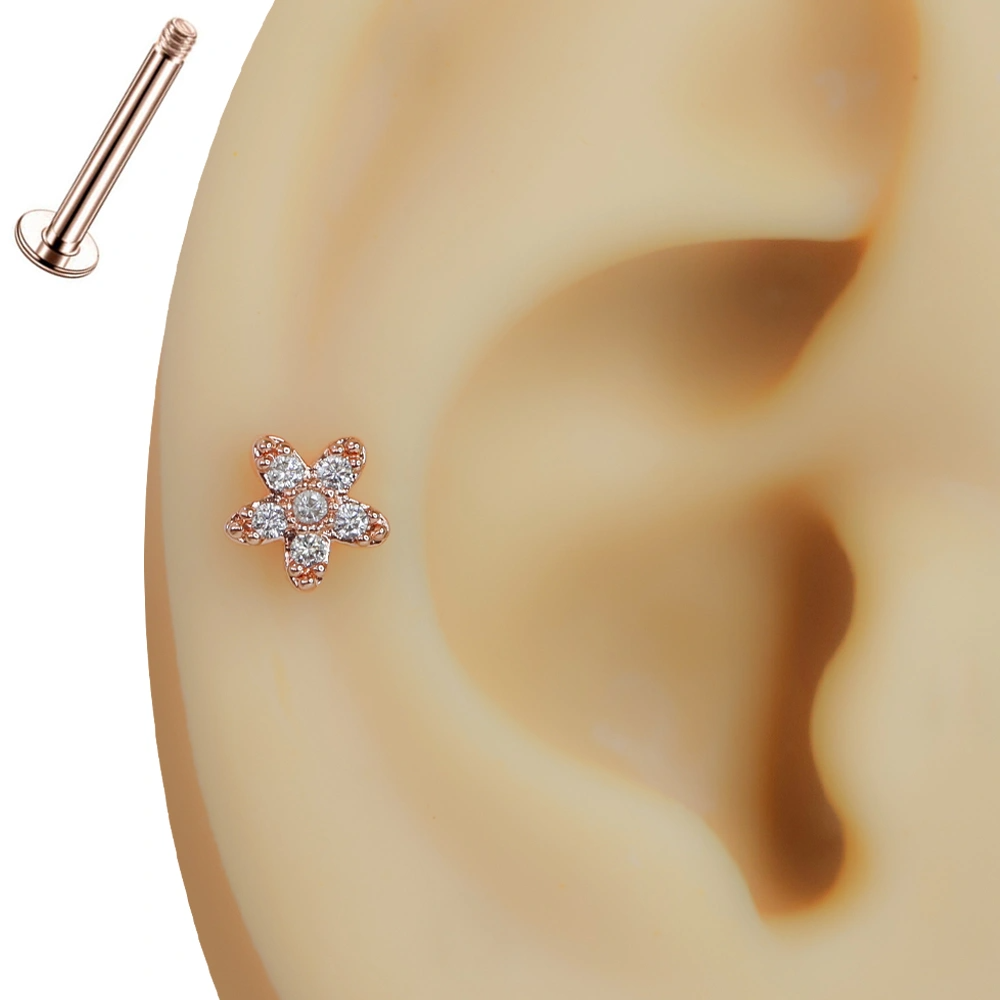 Kulağa takılmış zirkon taşlı çiçek rose altın kaplama tragus helix kıkırdak piercing modeli