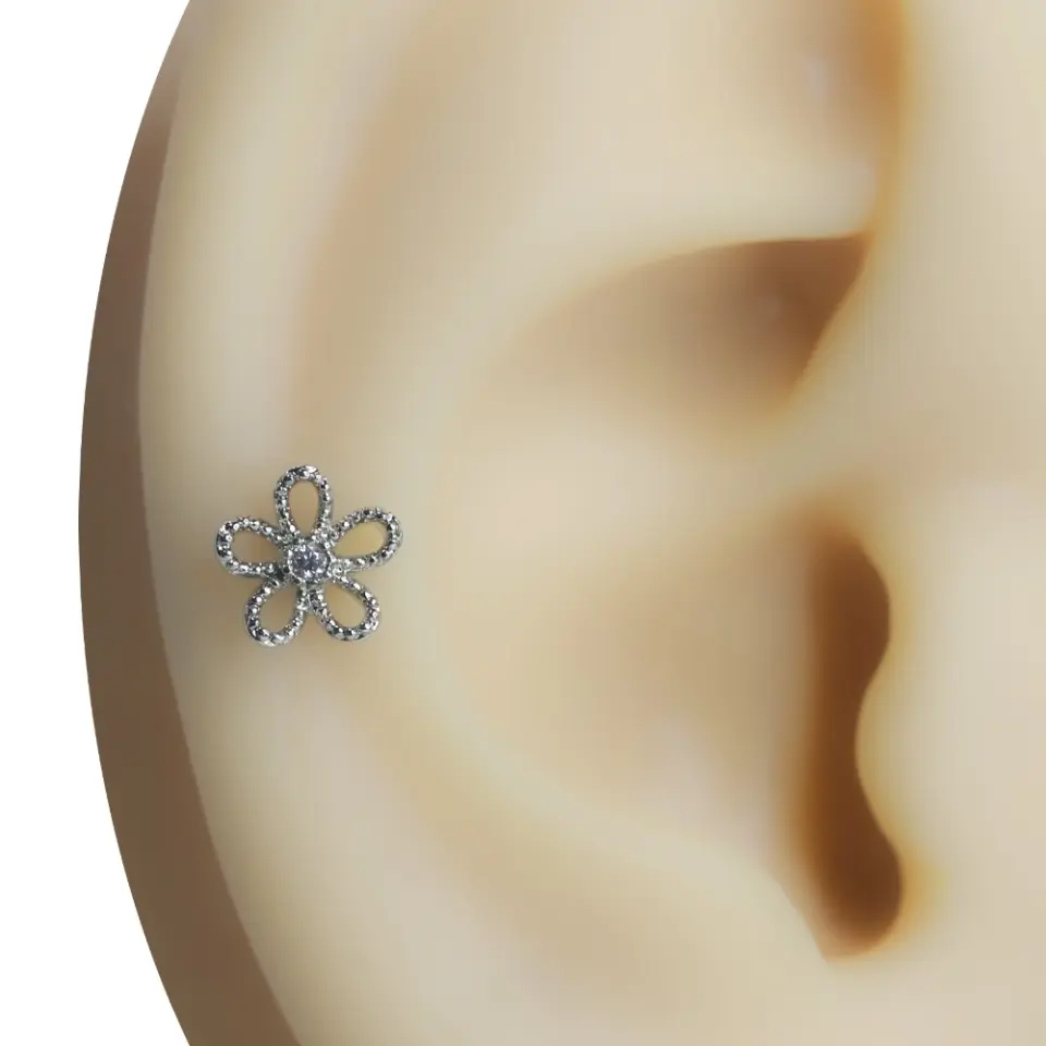 Kır Papatyası gümüş rengi zirkon taşlı tragus helix kıkırdak piercing modelinin kulaktaki zarif duruşu