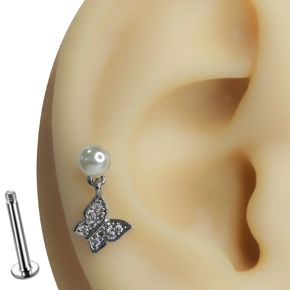 Kulak üzerinde sergilenen inci kelebeği model tragus helix kıkırdak piercing görünümü
