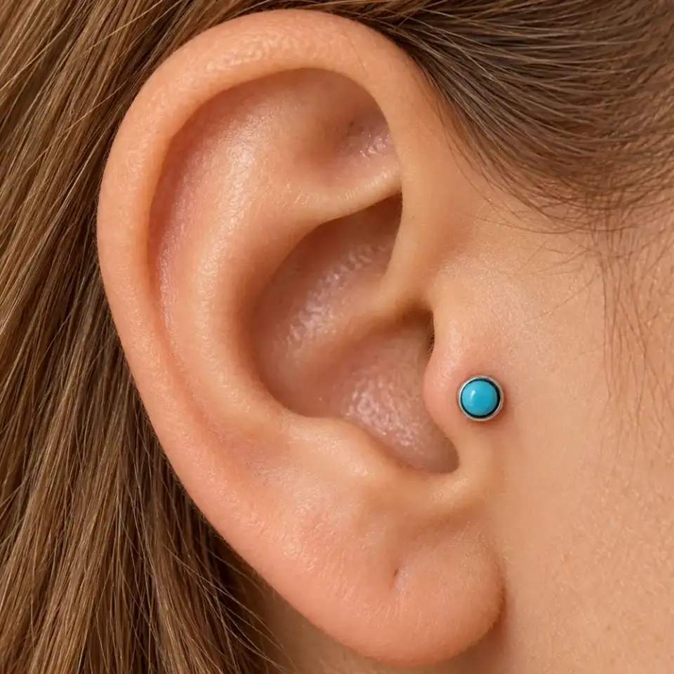 Turkuaz Doğal Taşlı 316L Cerrahi Çelik Tragus Helix Piercing - Gümüş Renk