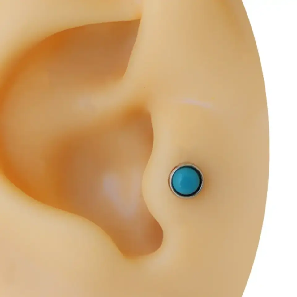 Turkuaz doğal taşlı gümüş renk cerrahi çelik tragus piercing