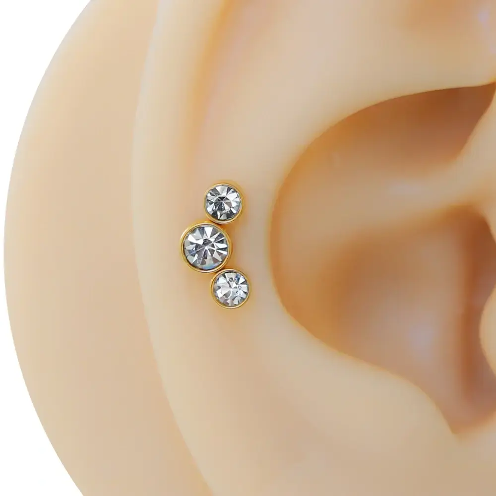 Altın renk üçlü zirkon taşlı 316L cerrahi çelik tragus piercing