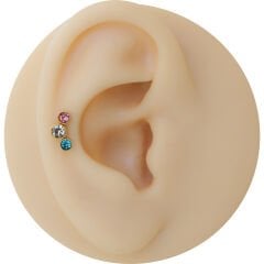 Asimetrik Üç Renk Taş 6x1,2mm Gold Çelik Labret Piercing, Tragus-Lobe-Helix-Kıkırdak